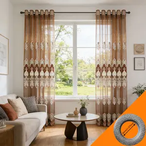 2pcs European Vintage Coffee Gold Heavy Embroidery Sheer Curtain, Living Room Floor-To-Ceiling High Transparency Window Shade, Punch Hole Luxury Balcony Curtain