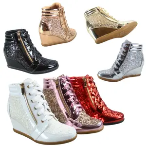 Forever Link Women's Wedge Glitter Shinny Lace Up Party Footwear Booties Sneaker- Fashion Shoes