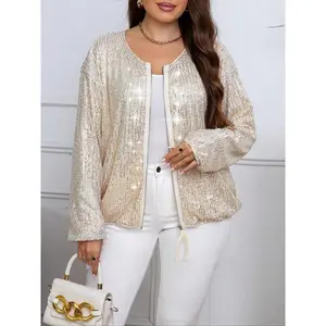 Plus Size Women's Sequin Jacket Long Sleeve Outerwear, Elegant Sparkle Design, Perfect for Parties & Events, Comfortable Fit