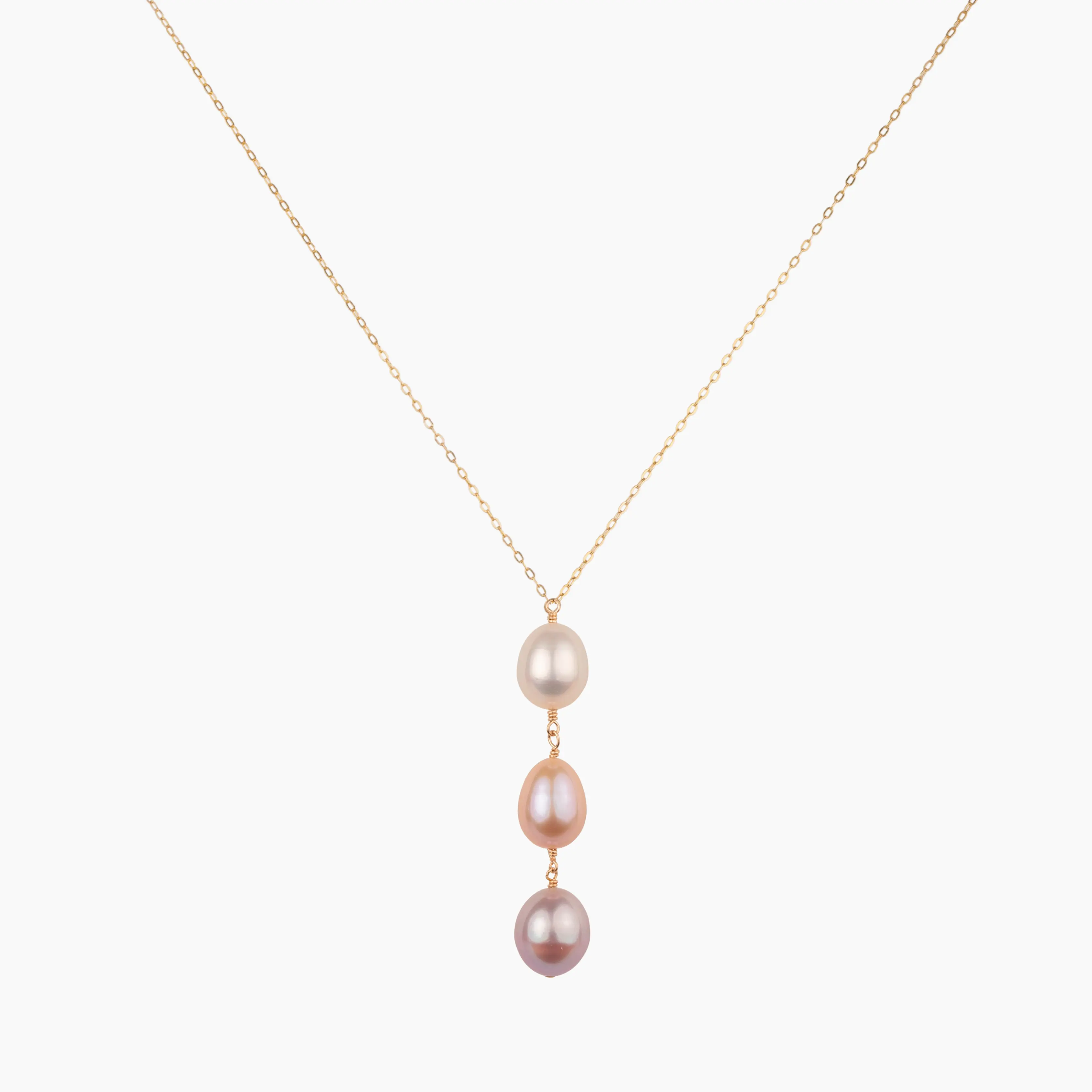 Chic Pearl Y Necklace in an Ombré Pink Gradient, 14kt Gold Filled Chain with 3 Freshwater Edison Pearls, Made in Hawai'i, Chic Pearl Necklaces & Pendants, Drop Pearls, Everyday Wear
