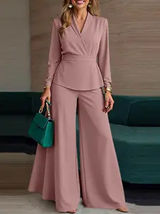ZANZEA Women's Casual, Elegant Chic V-Neck Long Sleeve Waistcinch Solid Color Top, Wide Leg Pants Design, Perfect for Daily Wear Everyday Womenswear Clothes