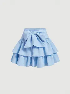 MOD Solid Color Multi-Layered Cake Skirt With Bow Tie Belt Design Back To School Outfits Black Skirt