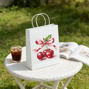 12Pcs Cherry Print Paper Gift Bags with Handles, Kraft Party Favor Bags, Cute Bow and Cherry Pattern, Ideal for Gifts, Birthdays, Weddings, Holidays, Daily Shopping, Party Gift Packs, Gift Wrapping Supplies
