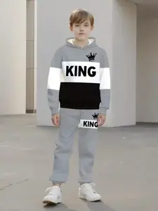 Boys' 3D Pattern Print Sportswear Set, Sporty Style Clothes, Hoodie and Casual Pants for Ages 13 and Below, Spring and Fall School Season, Youth Short