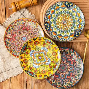 Bohemian Style Floral Pattern Bowl Set of 4, Vintage Colorful Dinnerware Service Set, Home Kitchen Dining Table Crockery