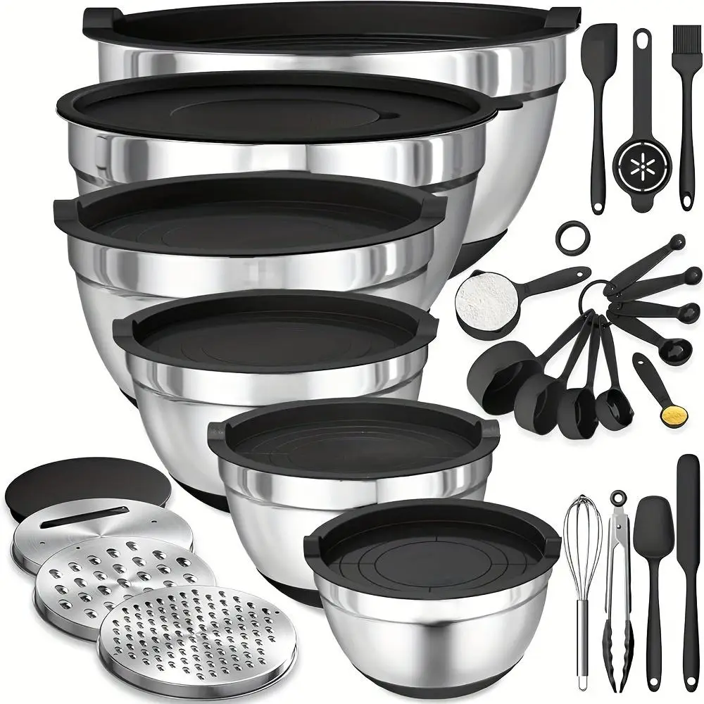 Stainless Steel Mixing Bowl Set, 18pcs/set Utensils Including Mixing Bowls & Sealing Lids & Grater Attachment & Other Accessories, Modern Home Kitchen