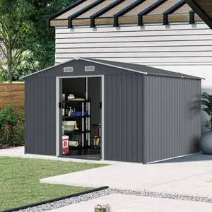 Outdoor Storage Shed  FT Large Metal Tool Sheds, Heavy Duty Storage House with Sliding Doors with Air Vent for Backyard Patio Lawn to Store Bikes, Tools, Lawnmowers Grey