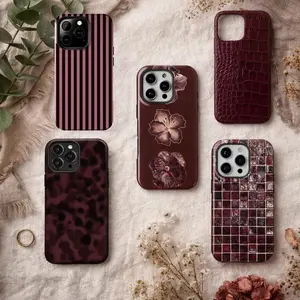 Burgundy Phone Case Collection, Hibicus Flower, Leopard Tortoise Shell, Red Mosaic Print, Leather Print Phone Case, For Iphone 11 12 13 14 15 16 17
