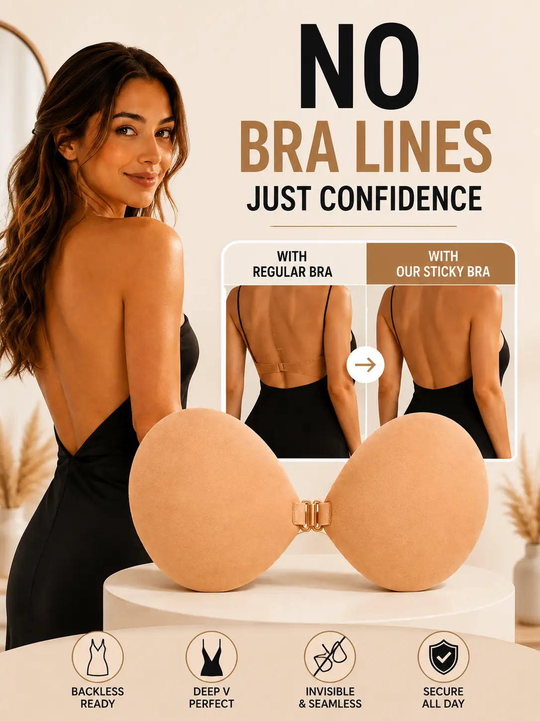 Women's Wire-Free Sticky Bra - Smooth, Soft, Invisible Strapless Backless Push-Up Bra with Reusable Seamless Adhesive Pads, No-Show Inserts for Dresses, Wedding Dresses & Daily Wear