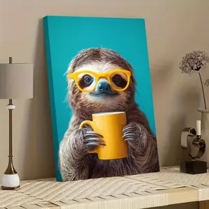 1 Piece Canvas Wooden Frame Poster Canvas Painting, Sloth with Glasses Print Wall Art, Framed Home Room Decoration Wall Art, Suitable for Living Room, Bedroom, Home Office