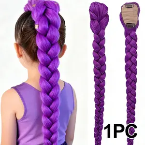 K-Pop Girl Role Play Wig, 26-Inch Braided Hair, Long Yaki Straight Hair, Heat Resistant Puff Ponytail Accessory, Kids Wigs
