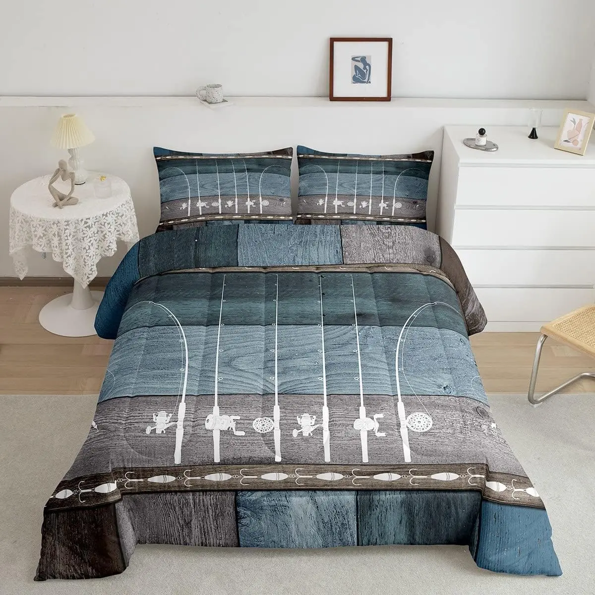 Feelyou Fish Decorative Bedding Set - Retro Wood Fishhook Duvet Insert, Patchwork Quilt Set, Ice Fishing Themed Comforter, Fishing Gift for Men, Patchwork Quilt Sets