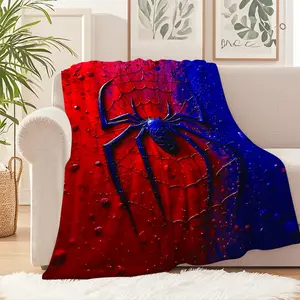 Deep Blue Spider Pattern Flannel Blanket, Soft and Comfortable Home Cover Blanket, Red and Blue Color Contrast Warm Blanket, Suitable for Camping Exploration and Office Insulation