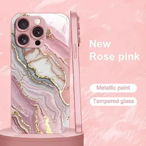 Pink Marble Pattern Gold-Edge Printed Smartphone Casing - Full-Coverage Drop-Resistant Tempered Glass Protection, Stylish Cellphone Accessory, Anti-Scratch, Compatible with iPhone 17,16,15,14,13,12,11, Holiday Gift for Loved Ones