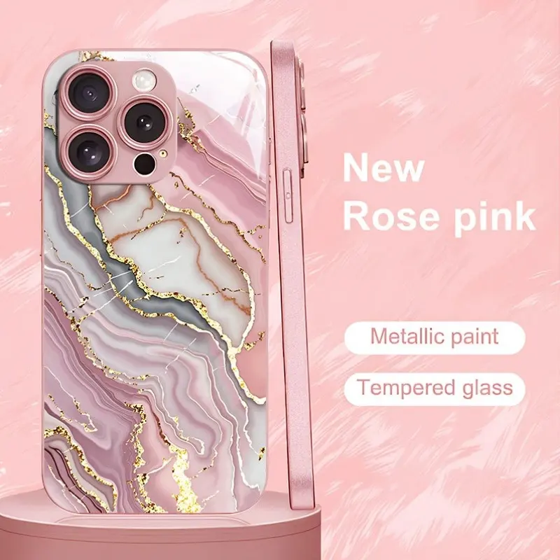 Pink Marble Pattern Gold-Edge TPU Shell Cellphone Case & Full-Coverage Shockproof Tempered Glass Screen Protector Set for iPhone 11-17, Anti-Scratch Phone Accessory, Holiday Gift, Drop-Resistant, TikTok Shop Back to School