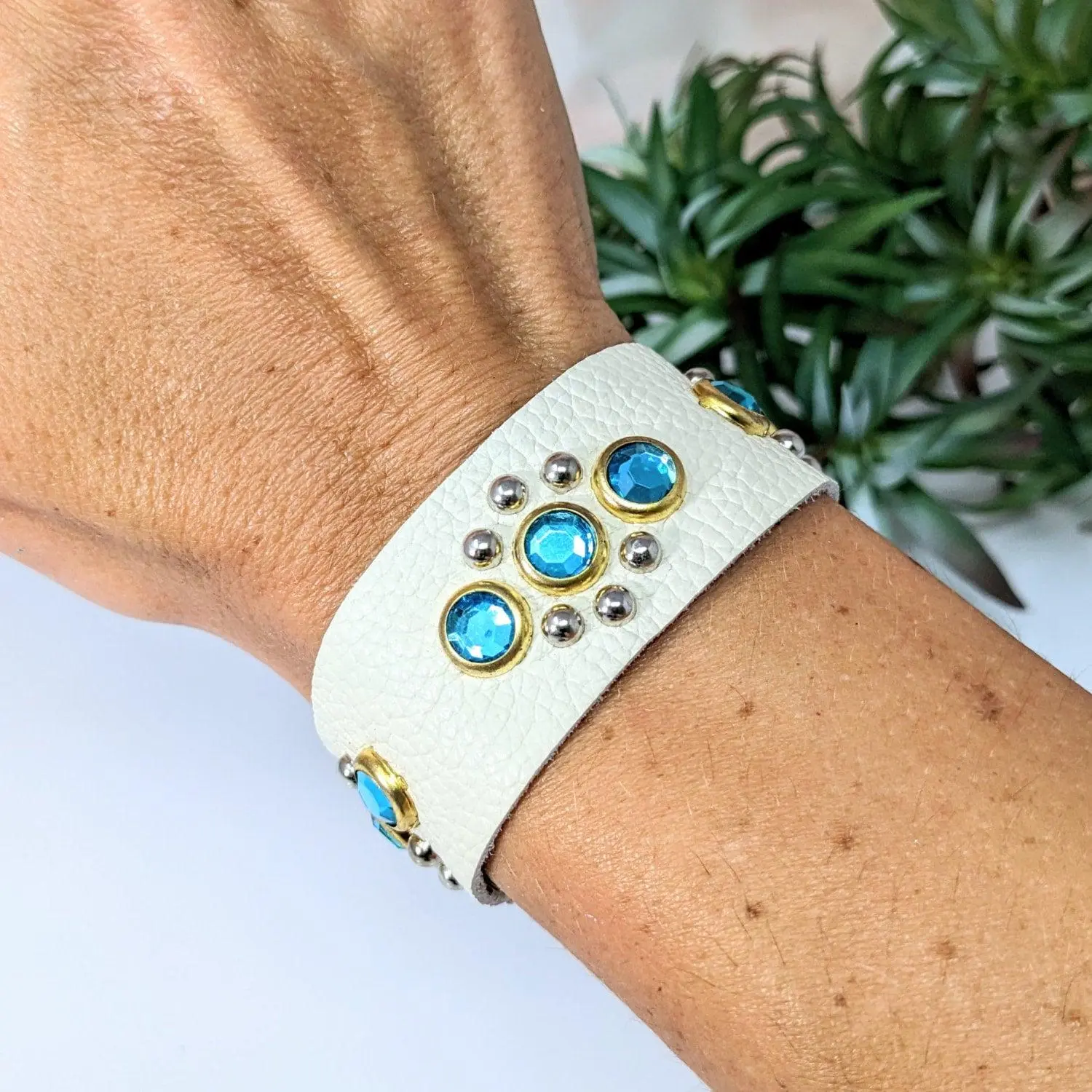 White Leather Bracelet with Blue Stones and Studs
