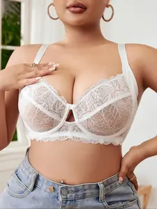 【Plus Size】 Solid Lace Underwire Bra, Breathable Comfortable Unlined Bra for Daily Wear, Women's Plus Size Lingerie for Summer