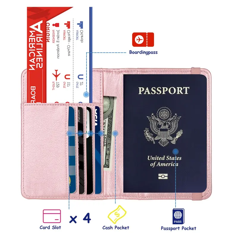 Women's Anti-RFID Safety Leather Passport Holder - Modern 4.3"w x 6.7"l x 0.4"d Compact Travel Document Cover with 3D Embossing Metal Badge, Passport Protector Travel Accessory