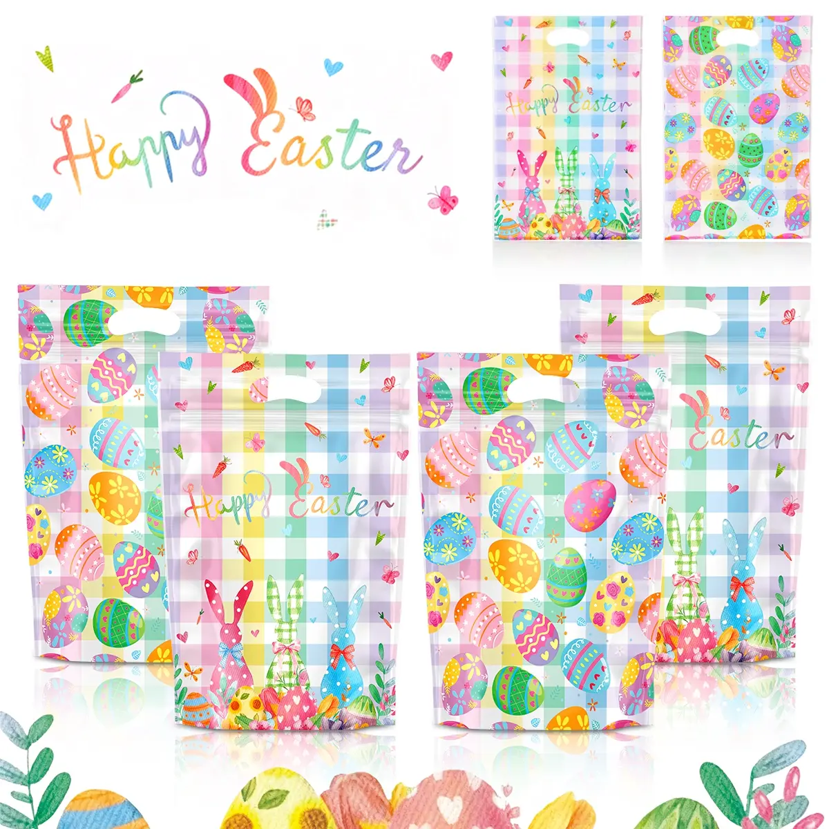 Resealable 10/25PCS Happy Easter Ziplock Bags, Cute Rabbit Pink Lootbags Plastic Stand up Tote Gift Bags, Easter Decorations Candy Easter Egg Gift Pouch for Kids Gift Packaging