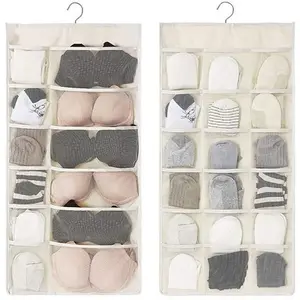 Closet  Organizer with Mesh Pockets & Rotating Metal Hanger,Dual Sided Wall Shelf Wardrobe Storage Bags,Oxford Cloth Space Saver Bag for Bra Underwear Underpants Socks (white)