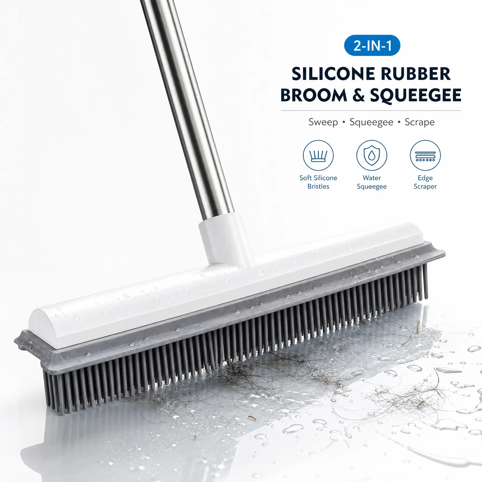 Pet Hair Remover 2-in-1 Silicone Rubber Broom & Floor Squeegee for Floor, Tile, Bathroom & Carpet Cleaning, Cleaning Supplies, Household Essentials, SummerWins (Free Gift: Self-Clamping Flat Mop)，