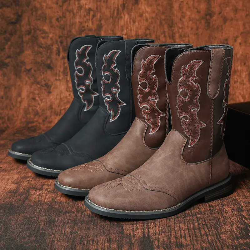 CYUW Men's Cowboy Boots — square toe design with classic embroidery; crafted from soft PU leather for both style and comfort. backtoschoolshopping