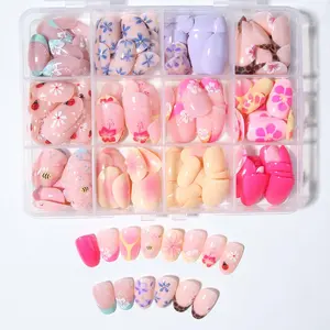 288pcs Short Oval Nail Art Set, Flower Design, Removable Press-On Nails, Glossy Fake Nails, Y2K Style, Suitable for Women & Girls