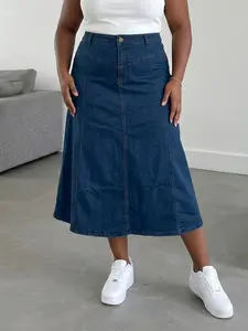 Women's Wrinkled Denim Skirt, Plus Size Casual Loose Fit, Long Plain Jean Half Skirt for Spring & Fall, Womenswear Bottom