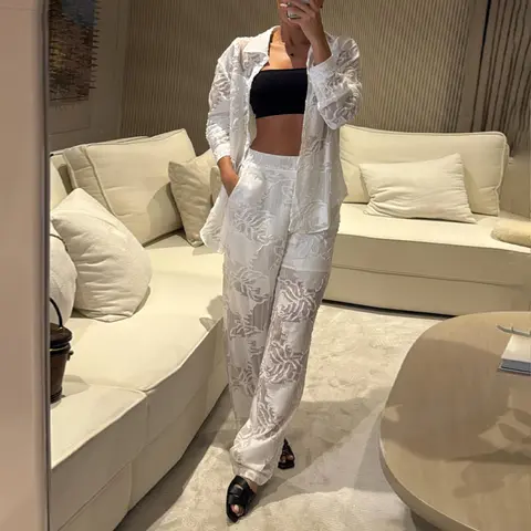 CHICME Women's 2 Pieces Outfit Jacquard Floral Turn-down Collar Button Front Pocket Decor Top and Casual Elastic Back Waist Pants Set With Lining