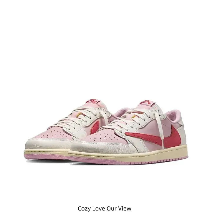 Pink White Two-Tone Leather Low Top Casual Sneakers Red Logo Swoosh Pink Rubber Outsole Vintage Beige Midsole Daily Walking Trainers for Men Women Street Fashion