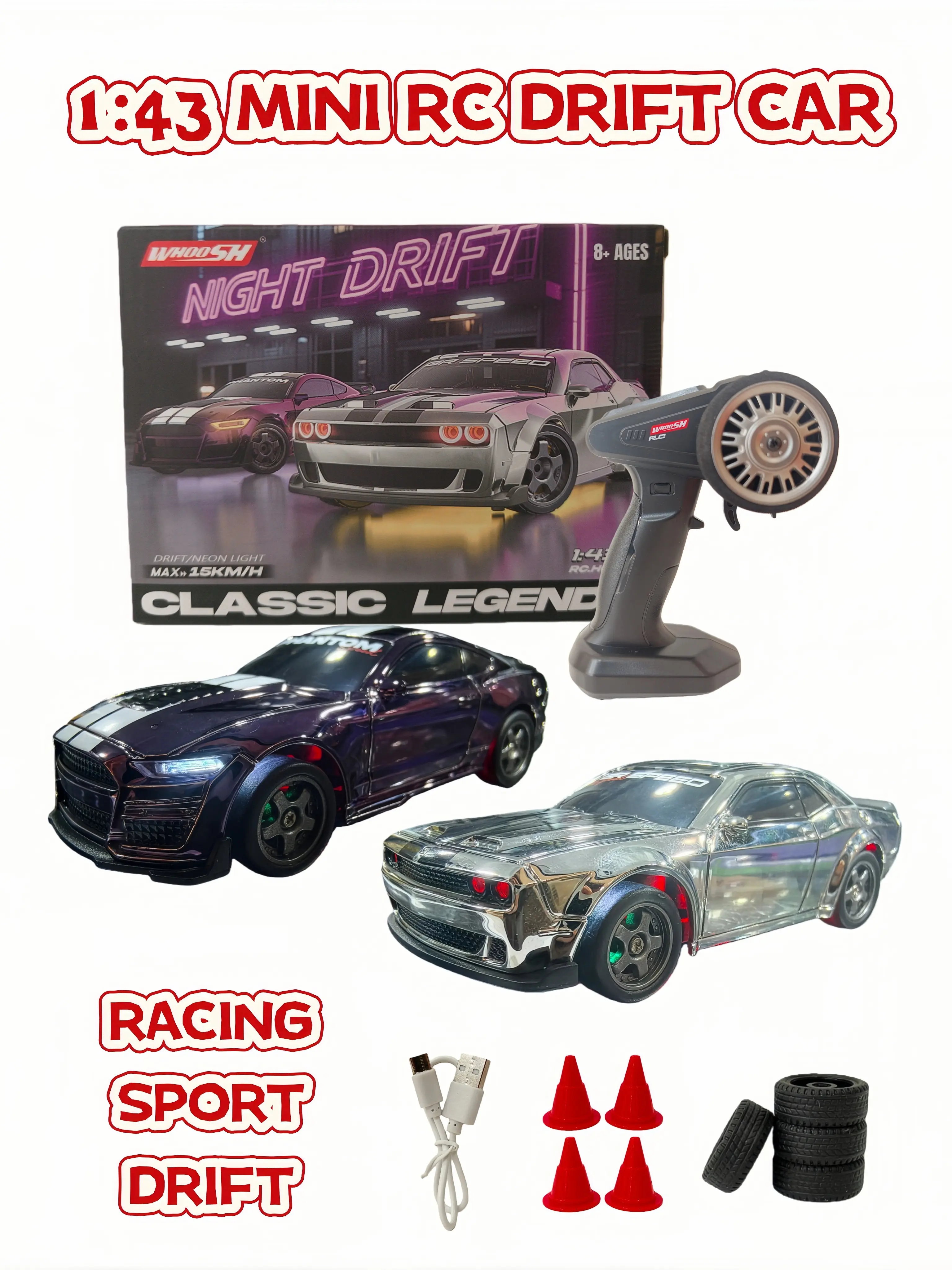 1/43 Mini 4WD RC Drift Car - RC Cars with 2.4GHz Proportional Control, Rechargeable Dual Tires, Adjustable Underglow Lights, High-Speed Classic Legends Remote, USB Charging, Desktop Toy, Gifts for Boyfriend Kids Stuff, Wireless Controller Cars