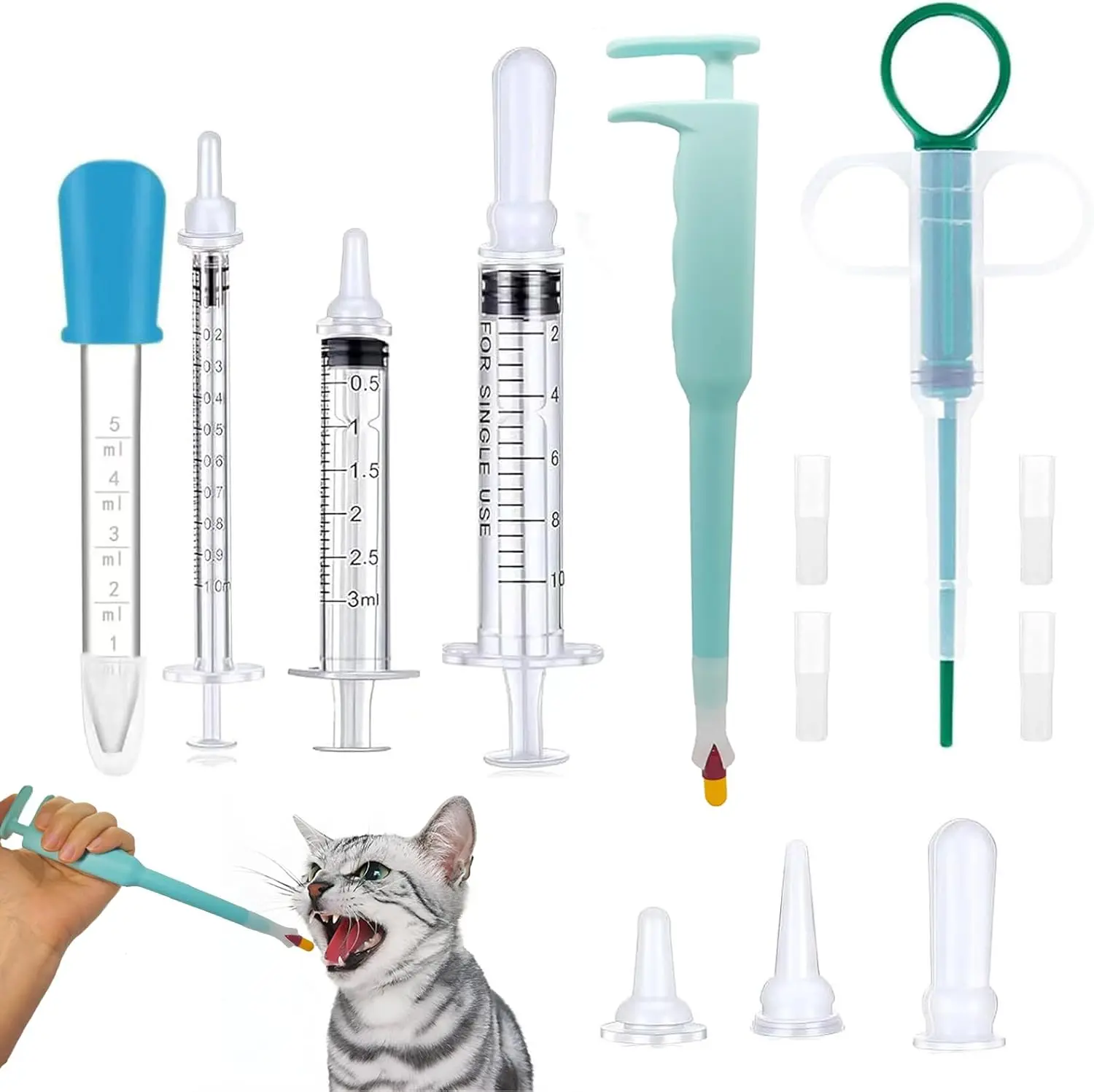 Pet Pill Pusher Feeder Set for Cats & Dogs – Pet Pill Dispenser Syringe with Dropper & Replacement Nipples, Feeding Tool for Kittens, Puppies & Small Animals