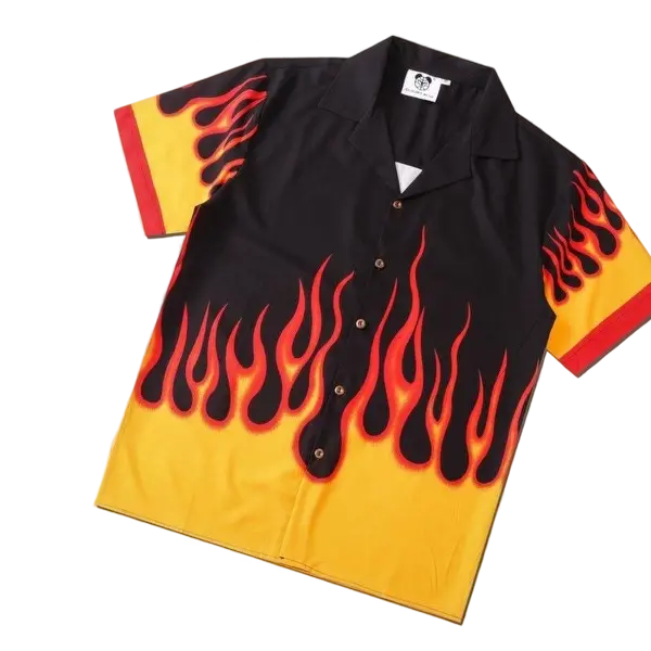 Graphic Flaming Hawaiian Shirt Menswear, Button Collared Shortsleeve Aloha Top Summer Outfit Men, Casual Tropical Polyester Streetwear