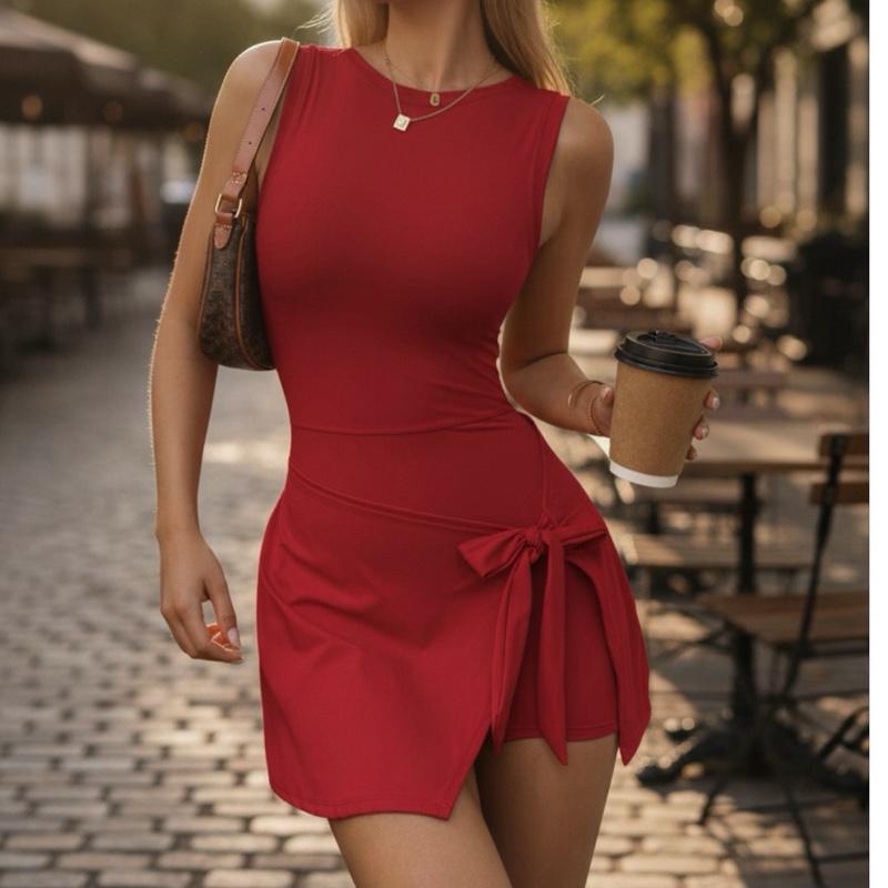 Cool summer style, figure-hugging and leg-slimming silhouette, secure coverage, strategically cut back with built-in non-slip lining, versatile office and gym dress, elegant sleeveless workout dress with back detail, retro summer 2-piece yoga set for wome