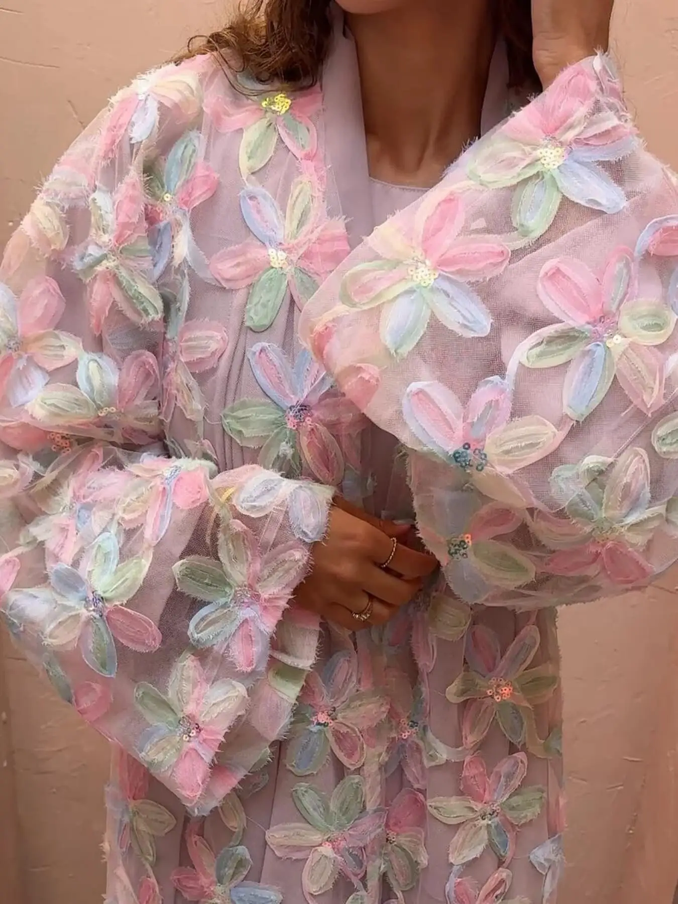 Women's Candy Color Sequin Mesh Floral Cardigan Set, Loose-Fit Woven Fabric, All-Season Modest Style, Perfect Inner Layer