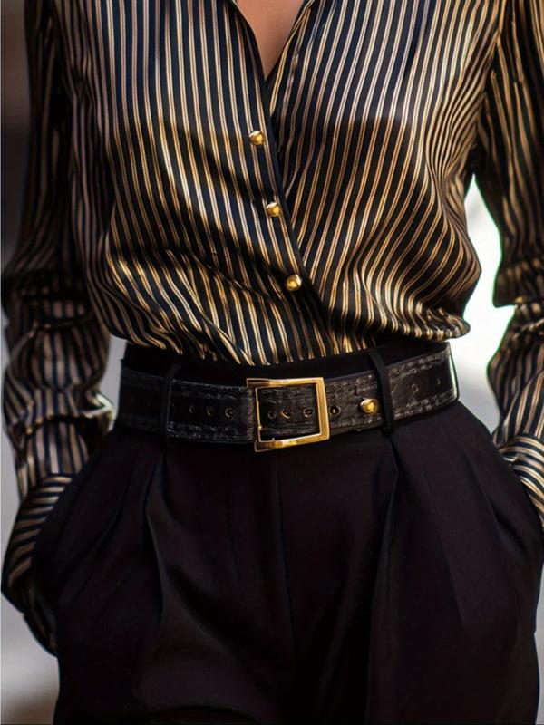 Spring Autumn Long Sleeve Striped Satin Blouse, Metal Buckle Design, Commuter Date Wear, Women's Shirt W0414