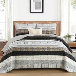 DJY Striped Set King Size, Brown Boho Bedspread Set 3 Pieces Patchwork Coverlet Bedding Set Lightweight Soft Microfiber for All Season (104"x90")