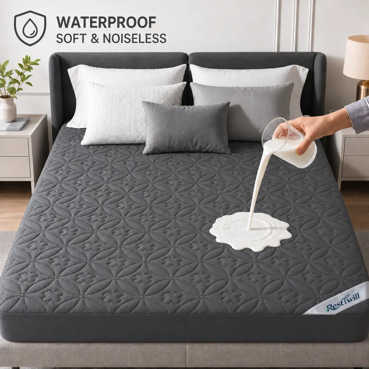 Waterproof Quilted Mattress Protector, Soft & Noiseless Fitted Mattress Pad with Deep Pocket, Breathable Machine-Washable Bed Cover, Twin/Full/Queen/King, White or Gray homeessentials