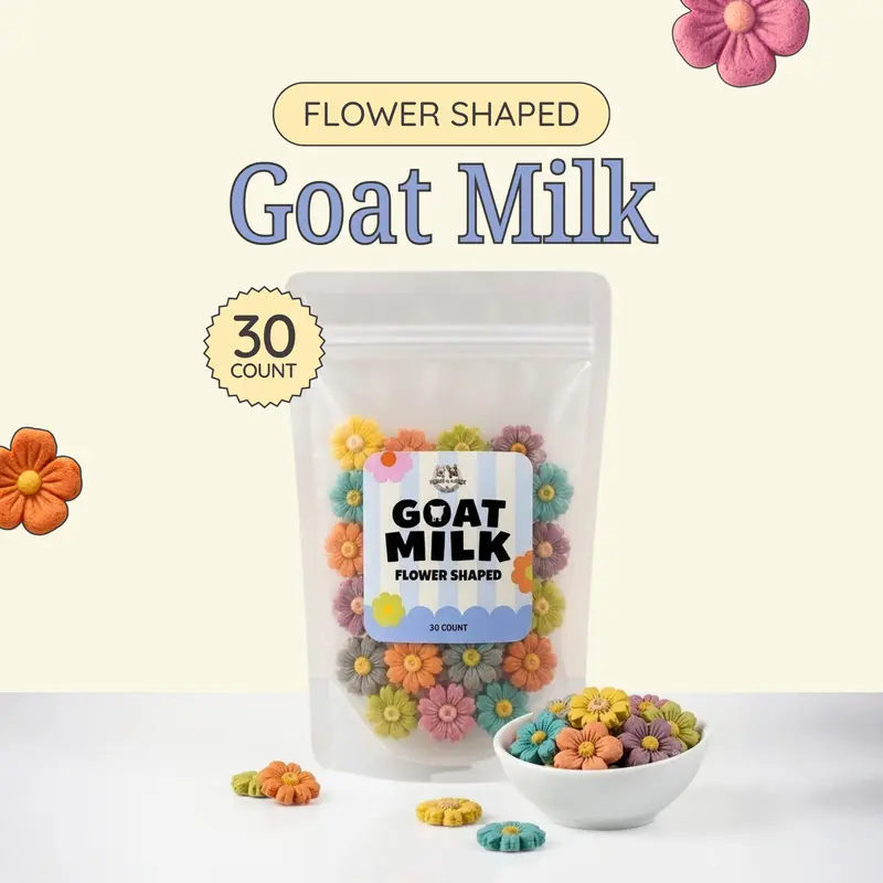 Benji & Louie Milky Blossom Bites  Goat Milk Treats for Dogs & Cats with Real Chicken & Fruit + Veggie Powder, Flower Shaped Crunchy Snacks, 30 Count