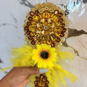 Oshun Espejo de Oshun with Gold Color and Yellow Feather Decorations for Stylish Home Decor.Espejo decorativo para Oshun