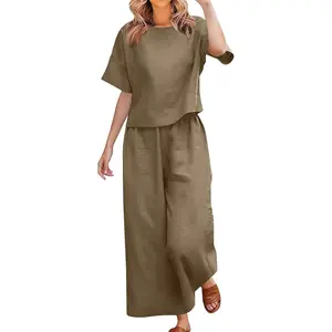 Womens 2 Piece Outfits Summer Cotton Linen Casual Matching Sets Loose Fit Short Sleeve Gauze Tops and Wide Leg Pants
