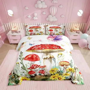 Feelyou Flower Printed Bedding Set - Polyester Microfiber Soft Breathable Multi-Size Comforter, Cute Floral Butterfly Quilt, Mushroom Print Soft Comfy Blanket for Kids