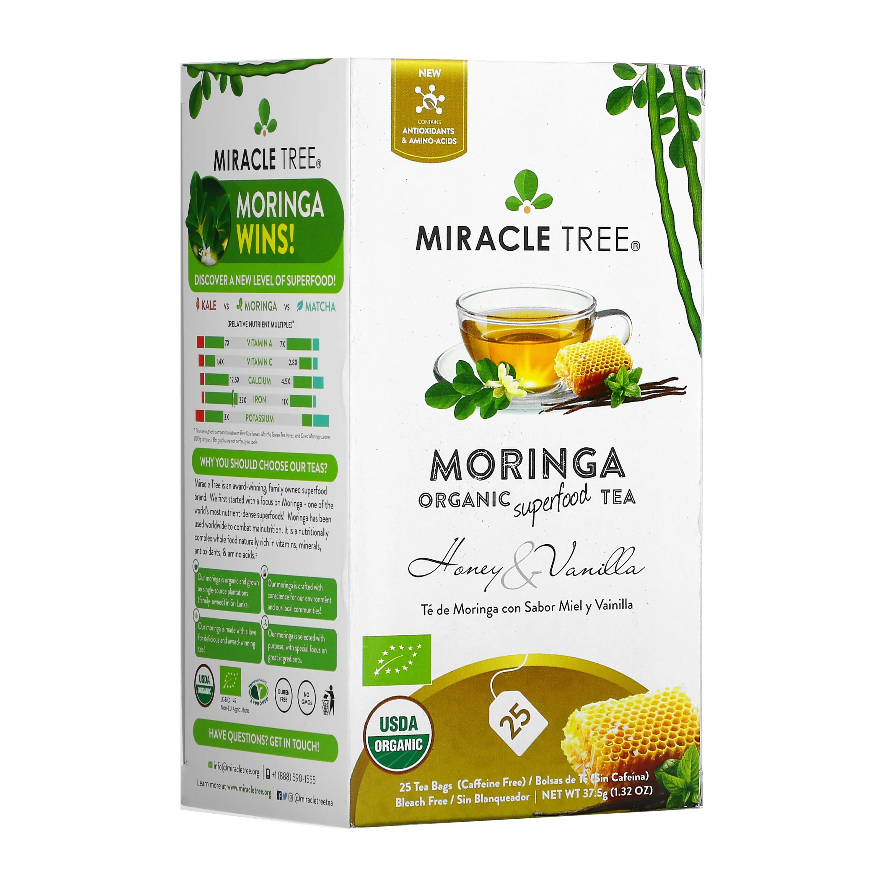 Miracle Tree Organic Moringa Tea Honey & Vanilla Caffeine-Free Herbal Tea USDA Certified Natural Sweetness Nutrient-Rich Beverage