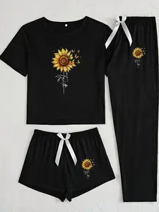 Three-Piece Pajama Set Pyjamas for Women, Sunflower Floral Print, Casual Fitted Sleepwear, All Seasons Comfortable Nightgown, Ladies' Loungewear, Pajamas Sleepwear, Casual Pajama Sets