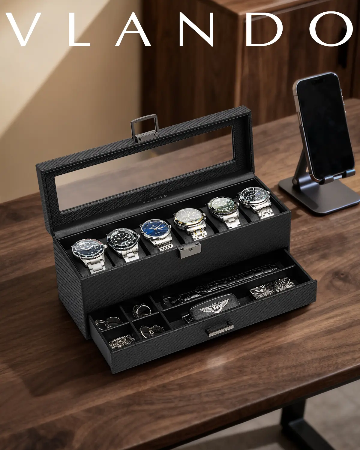 Vlando Men's Lockable Watch & Bracelet Organizer Box - 6-Slot 2-Layer Textured Leather Watch Holder with Glass Lid, Black Home Organizer, Dad Gifts, Wristwatch Storage