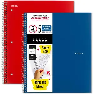 Spiral Notebook + Study App, 2 Pack, 5 Subject, College Ruled Paper, Fights Ink Bleed, Water Resistant Cover, 8-1/2" x 11", 200 Sheets, Pacific Blue & Fire Red (38459)