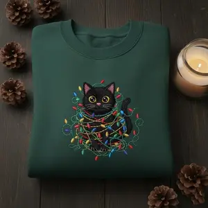 Black Cat Christmas Lights Embroidered Sweatshirt, Tangles Kitty Cat Mom Holiday Crewneck, Festive Animal Jumper