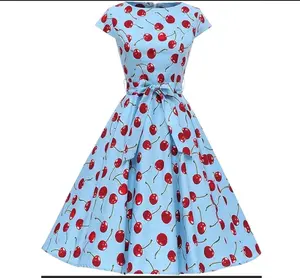 Women's Dress Retro Vintage Swing 1950's Short Sleeve Cherry  Print