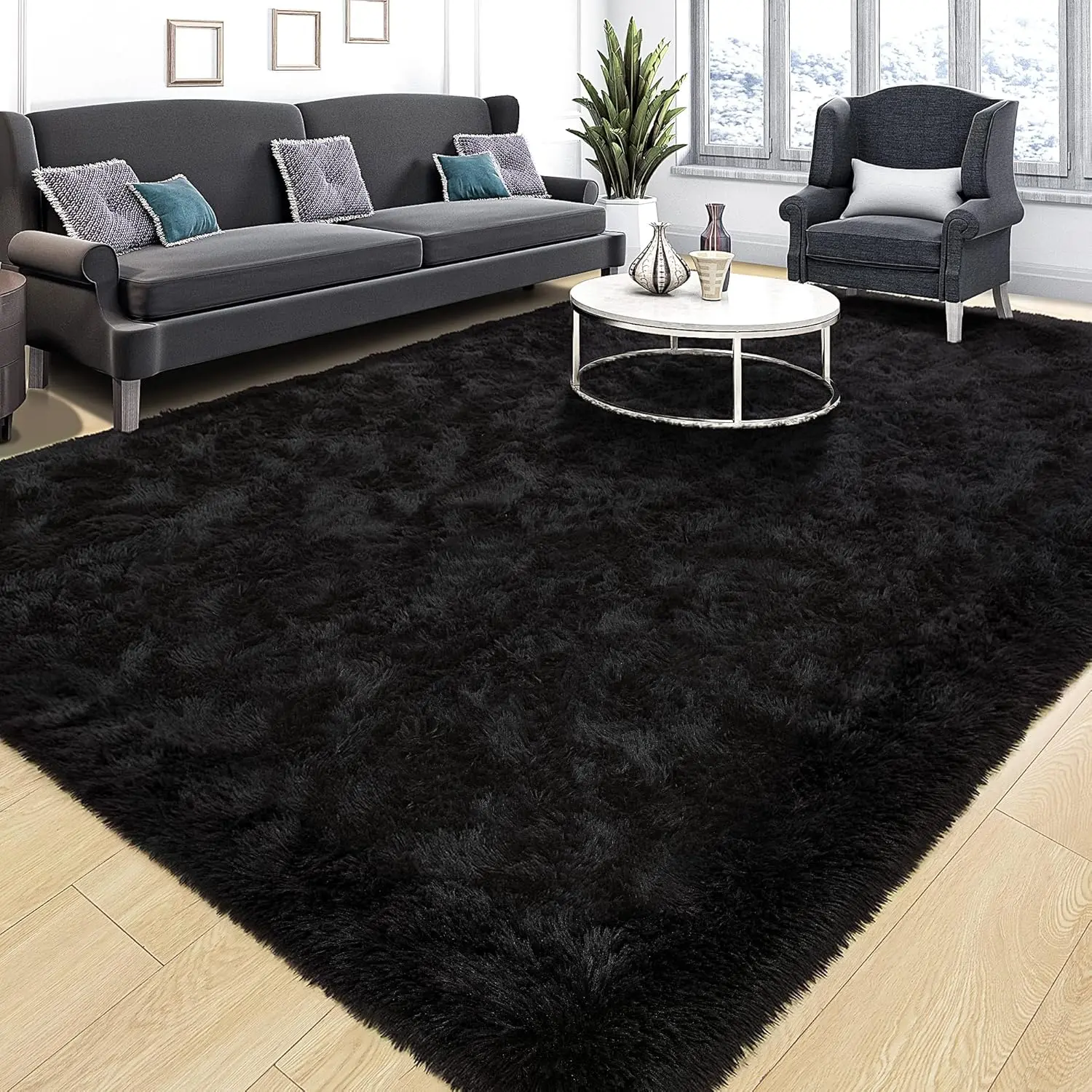 4x6 Ft Black Super Soft Shaggy Velvet Fiber Rug with Anti-Slip Base - Vacuum-Friendly, Hand Wash Only, Modern Indoor Home Decor Rugs for Bedroom, Noise Reduction, Kids Rooms