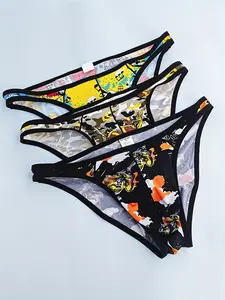 3 pieces of men's stylish mesh triangle underwear, cool and breathable, suitable for beach casual wear, printed triangle underwear, Soft Comfy Brief, Underwear All Seasons